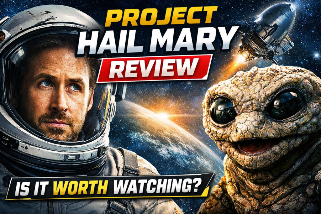 Project Hail Mary movie review thumbnail featuring astronaut and alien in space