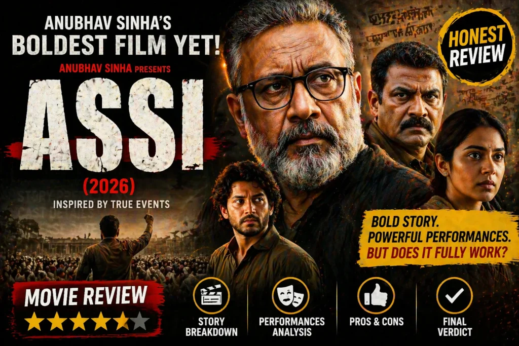 Assi 2026 movie review thumbnail showing cast and bold film theme by Anubhav Sinha