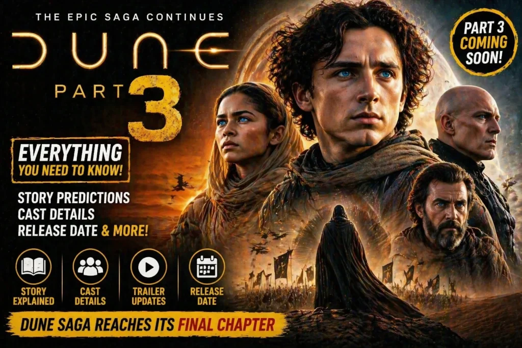 Dune Part 3 2026 thumbnail showing Paul Atreides desert scene with story cast and release date details