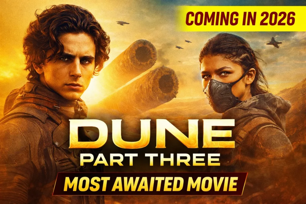Dune Part Three 2026 upcoming movie thumbnail showing desert theme and main characters