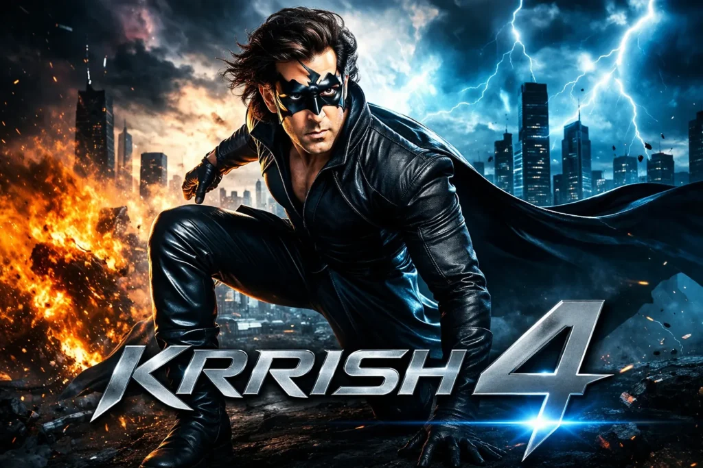 Krrish 4 poster featuring Hrithik Roshan in superhero costume with city background