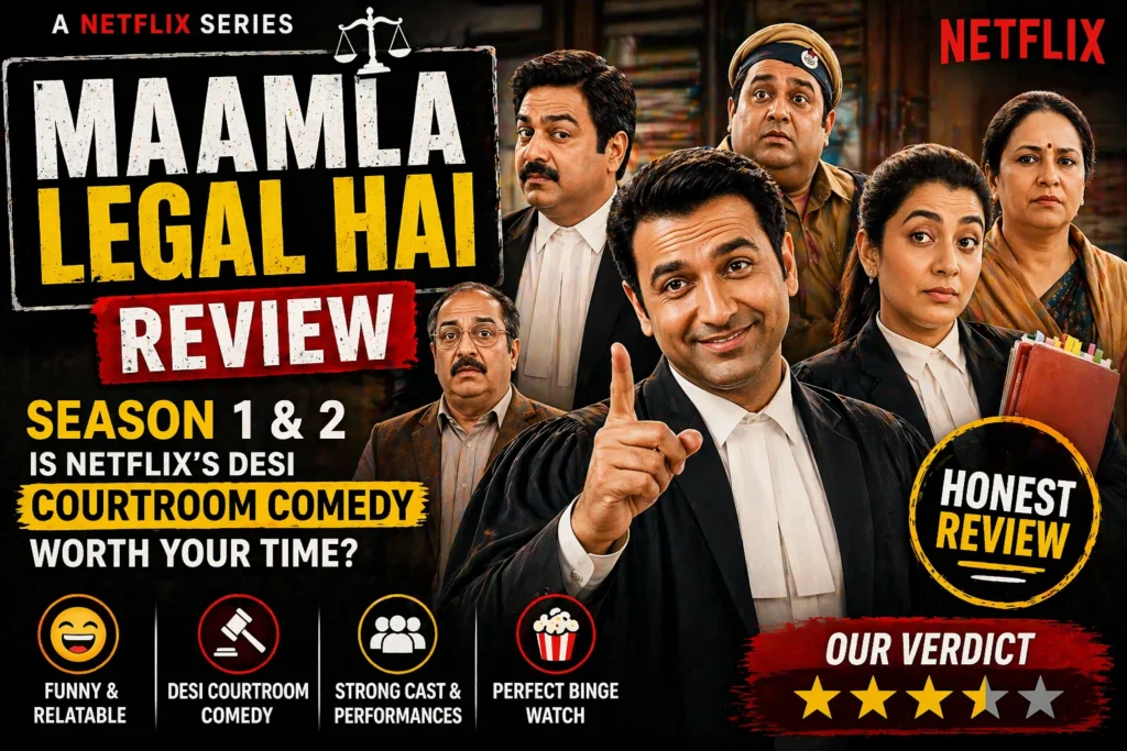 Maamla Legal Hai review Season 1 and 2 Netflix courtroom comedy thumbnail showing cast and verdict analysis